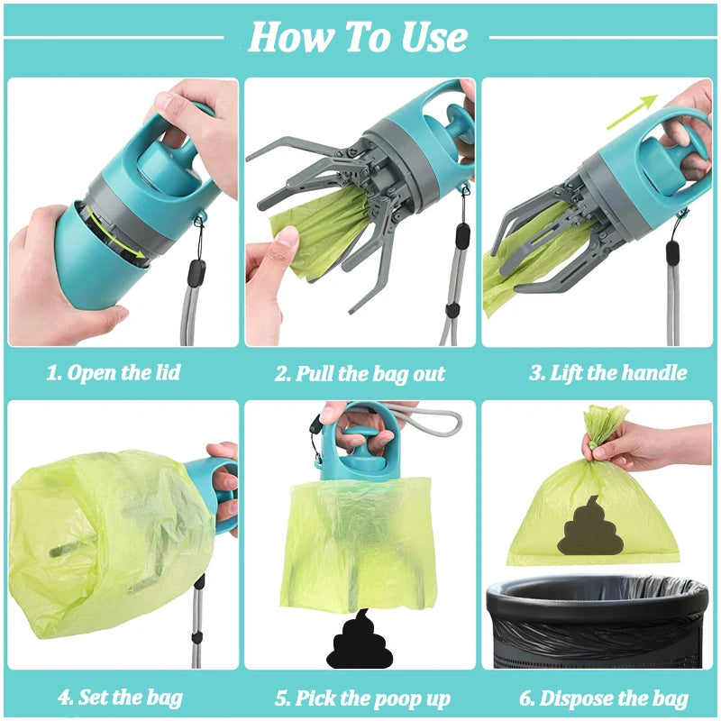 Step-by-step guide on how to use a pet waste bag dispenser with images of hands performing each action.