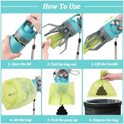 Step-by-step guide on how to use a pet waste bag dispenser with images of hands performing each action.
