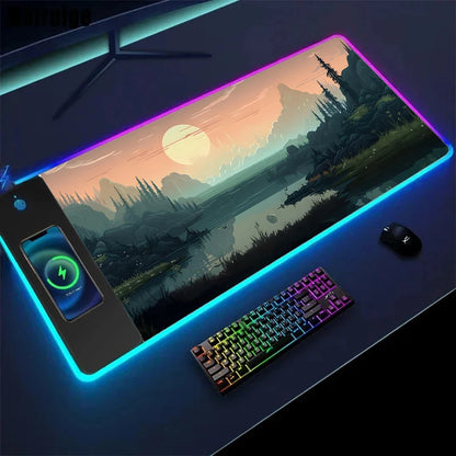 Gaming desk setup with a large mouse pad featuring a scenic design, keyboard, and mouse.