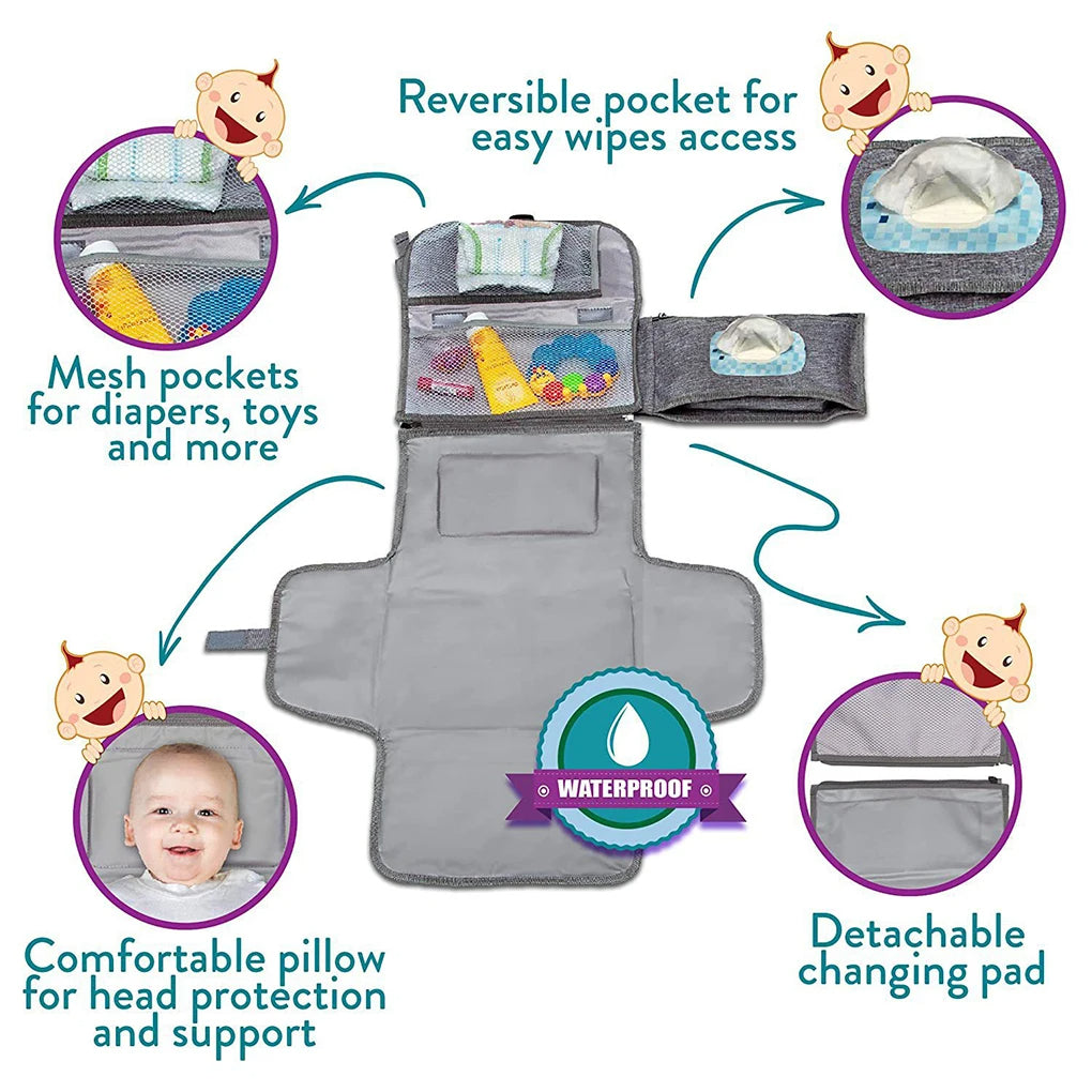 Baby organizer with various features highlighted, including reversible pocket, mesh pockets, waterproof label, and detachable changing pad.