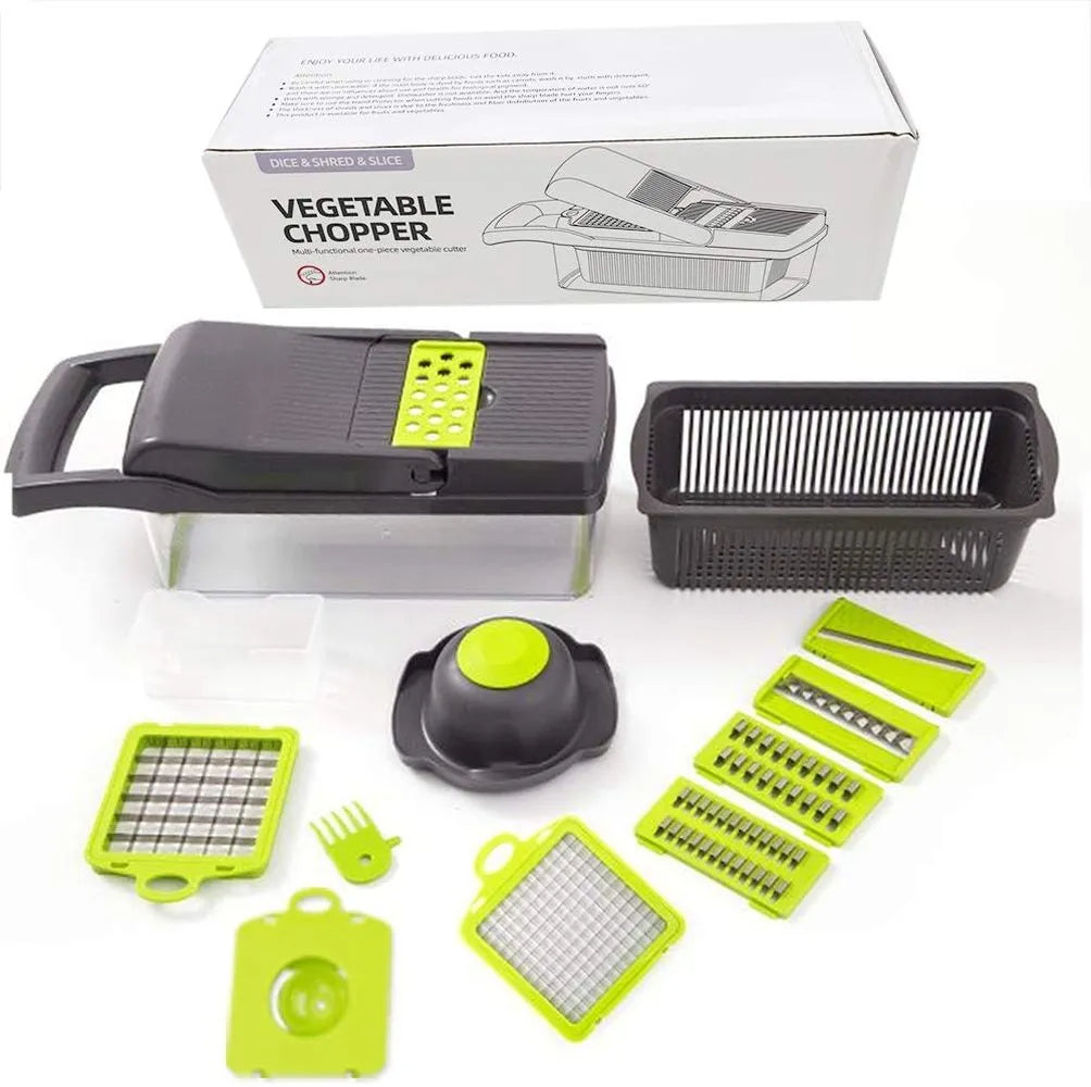 Vegetable chopper set with attachments and packaging on a white background