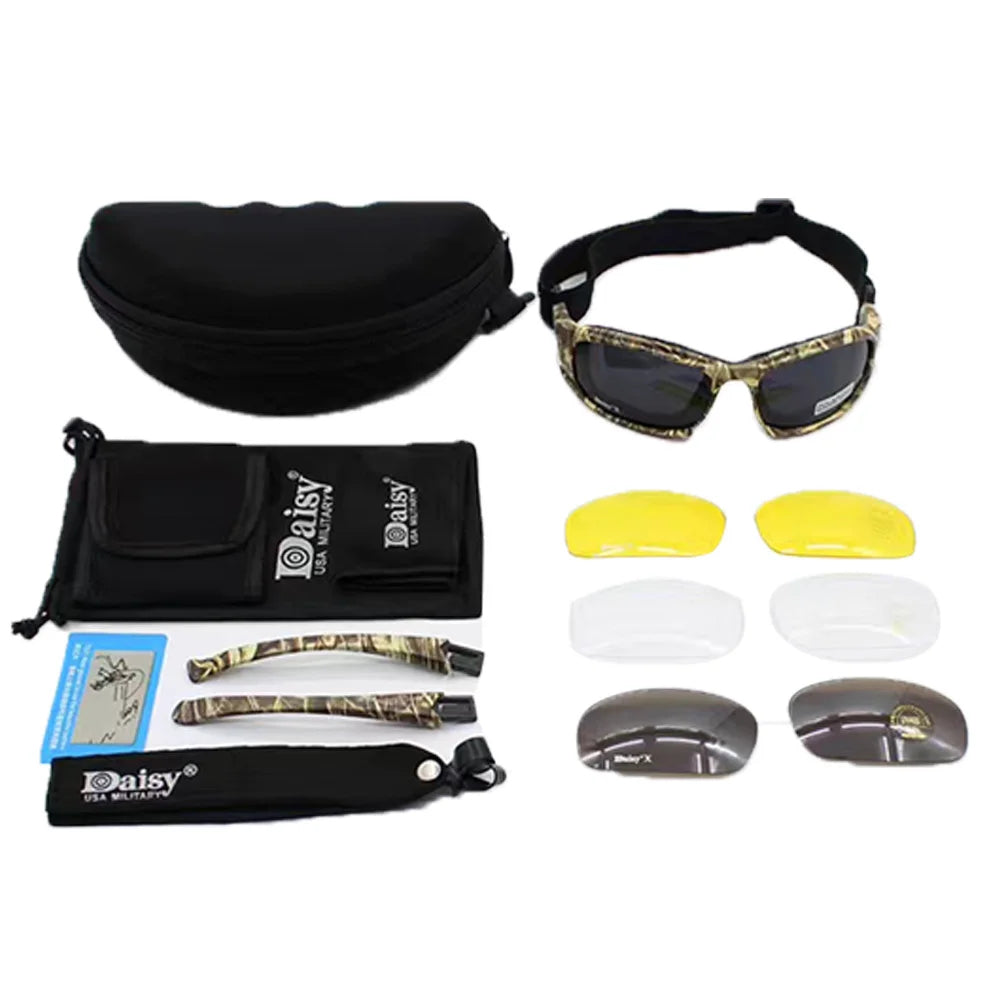 Sunglasses with interchangeable lenses and carrying case on a white background