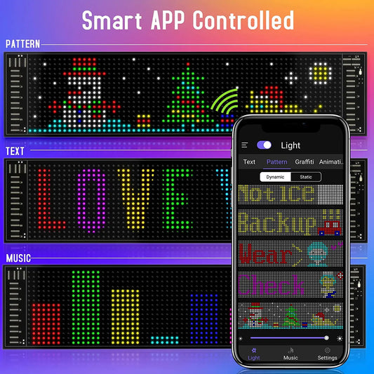 Smart APP Controlled LED display with phone app interface on a colorful background