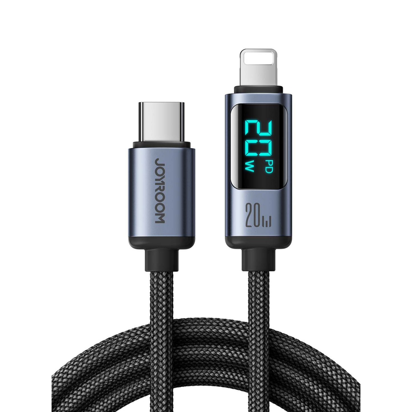 Two charging cables with digital displays on a white background