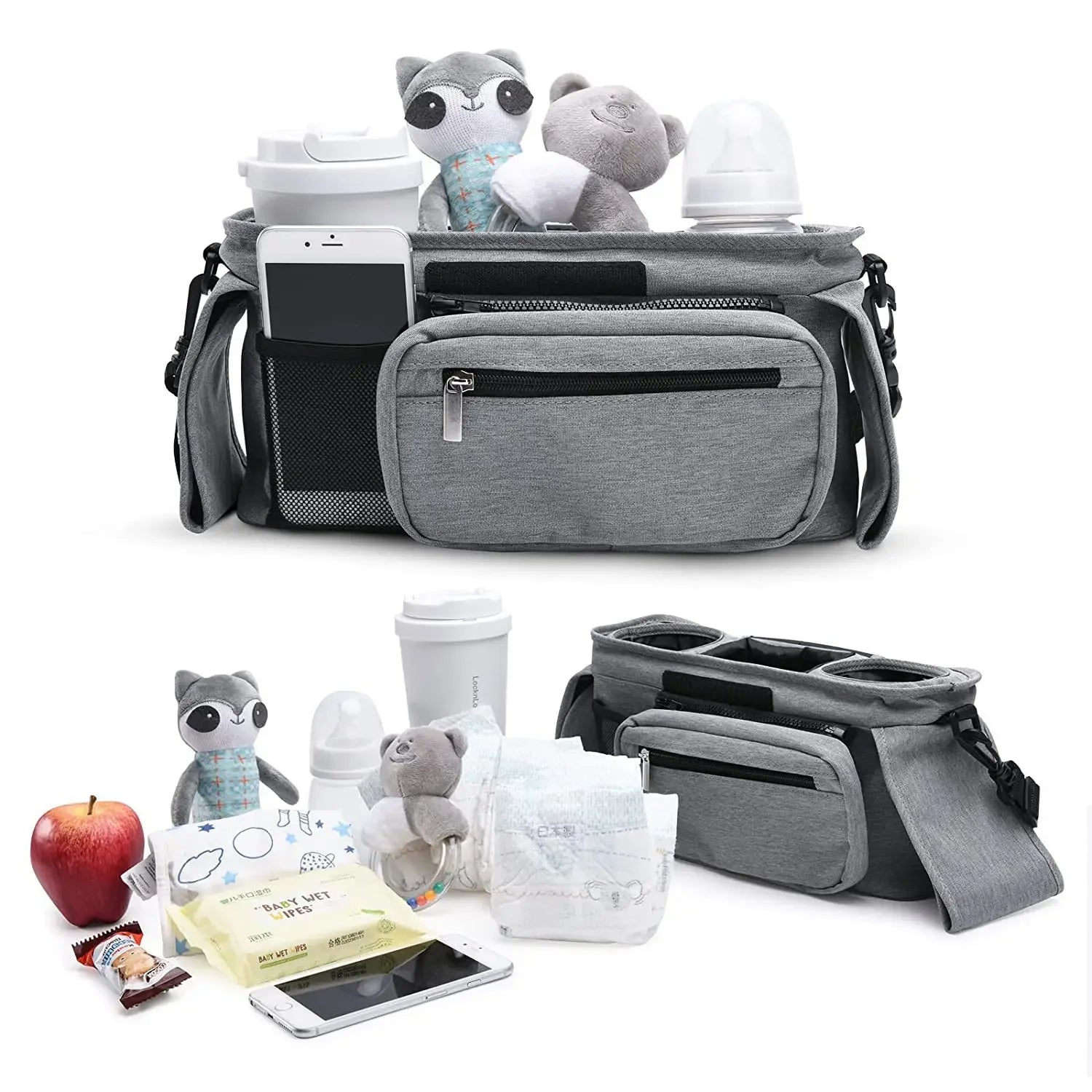 Gray diaper bag with baby items on a white background