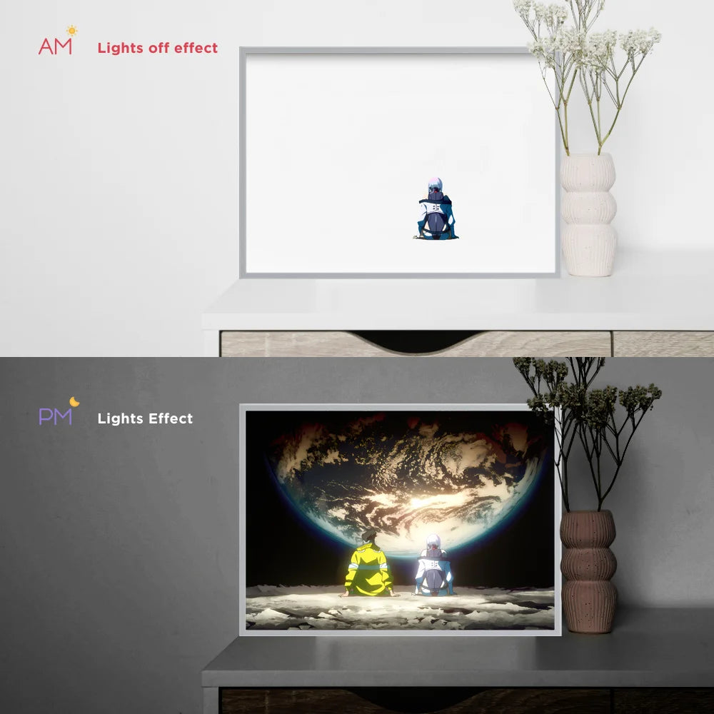 Two framed artworks on a wall with 'AM' and 'PM' labels indicating light effects.