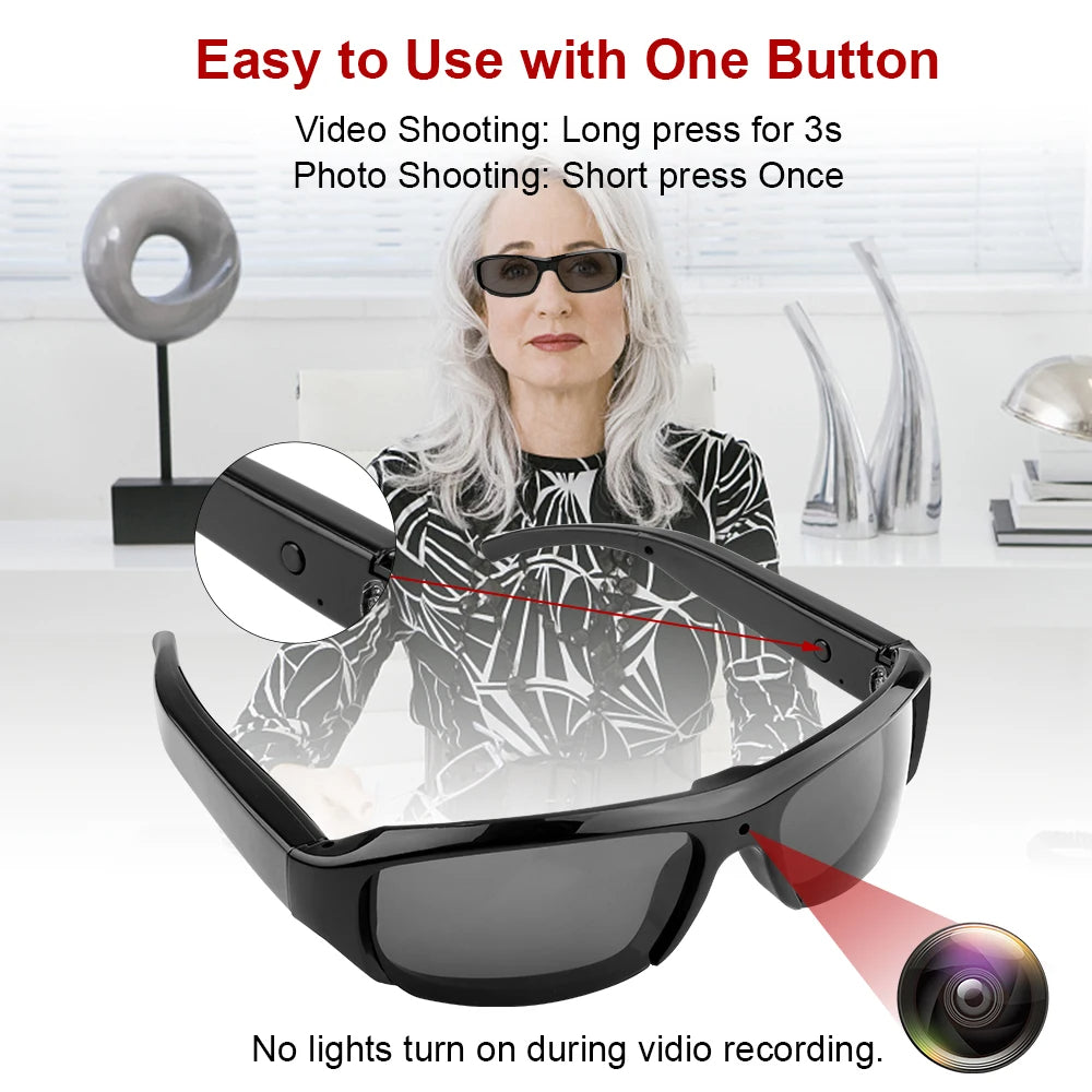 Sunglasses with a built-in camera and instructions on how to use it.