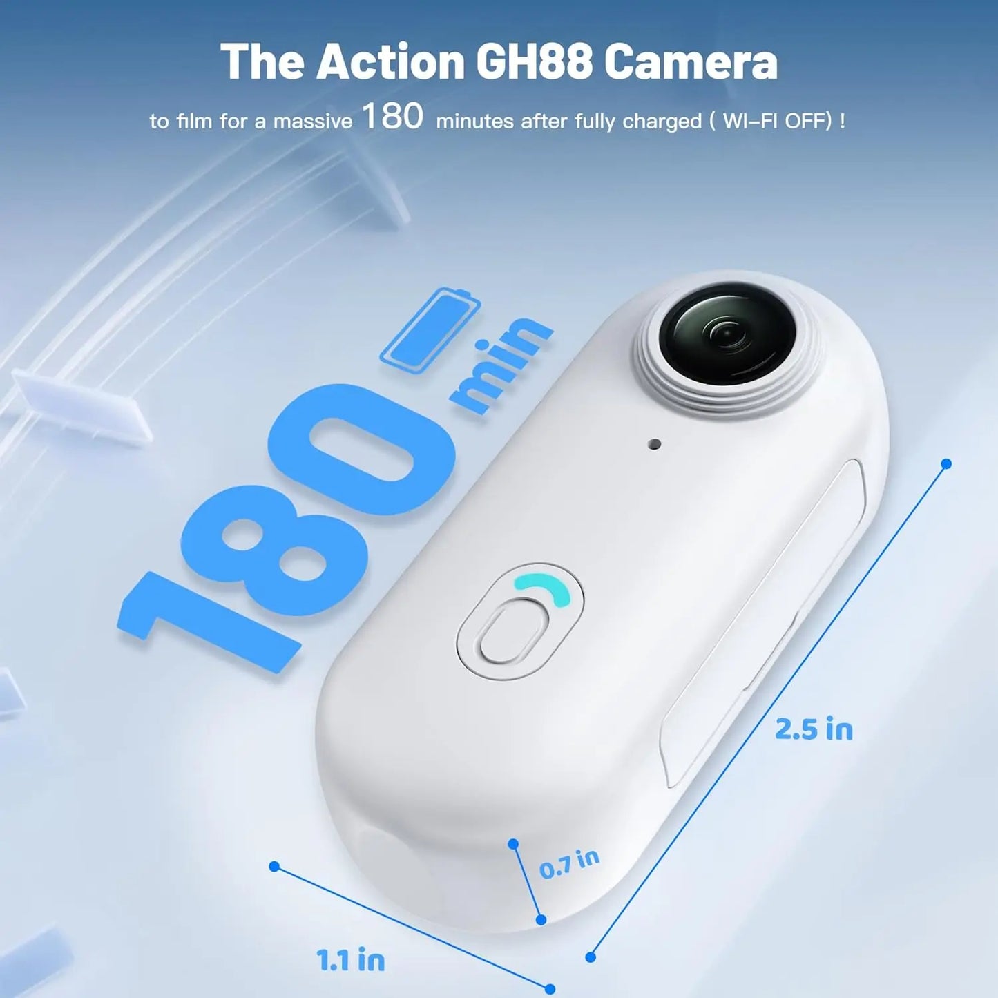 Action GH88 camera with charging time and dimensions displayed on a blue background