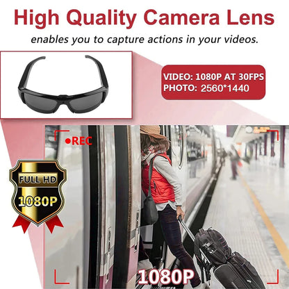 Sunglasses with a camera lens feature, showing video and photo specifications, and a person at a train station.