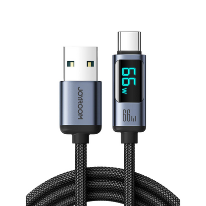 Black charging cable with digital display on a white background