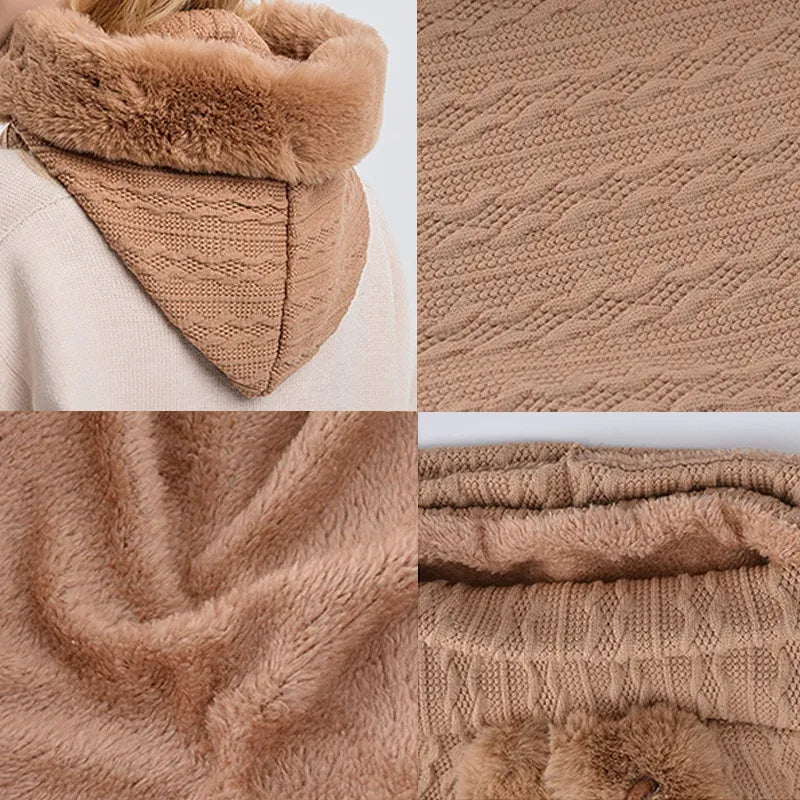 Collage of a brown knitted scarf with close-up details on a white background