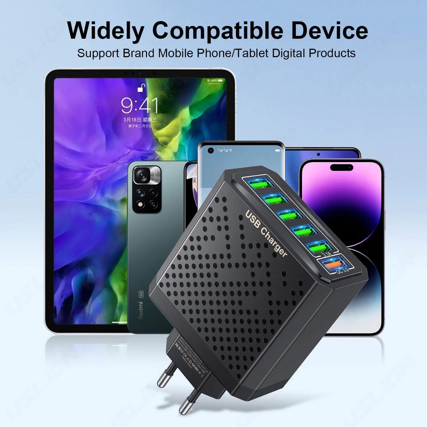 USB charger with multiple device compatibility on a light blue background