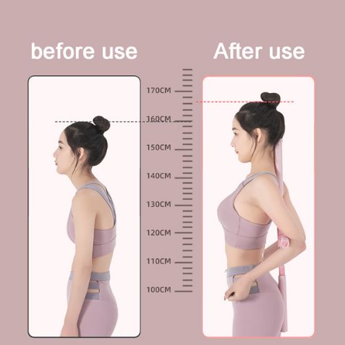 Before and after use comparison of a woman using a posture corrector with a measurement scale.