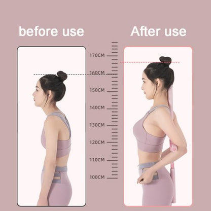 Before and after use comparison of a woman using a posture corrector with a measurement scale.