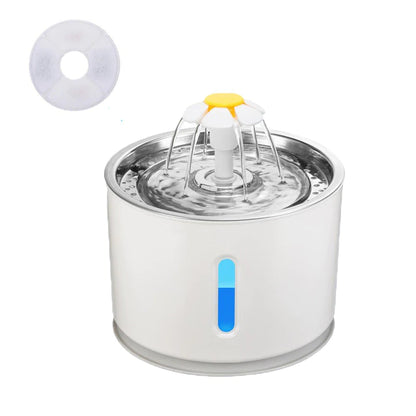 Pet water fountain with a small white object on top against a white background