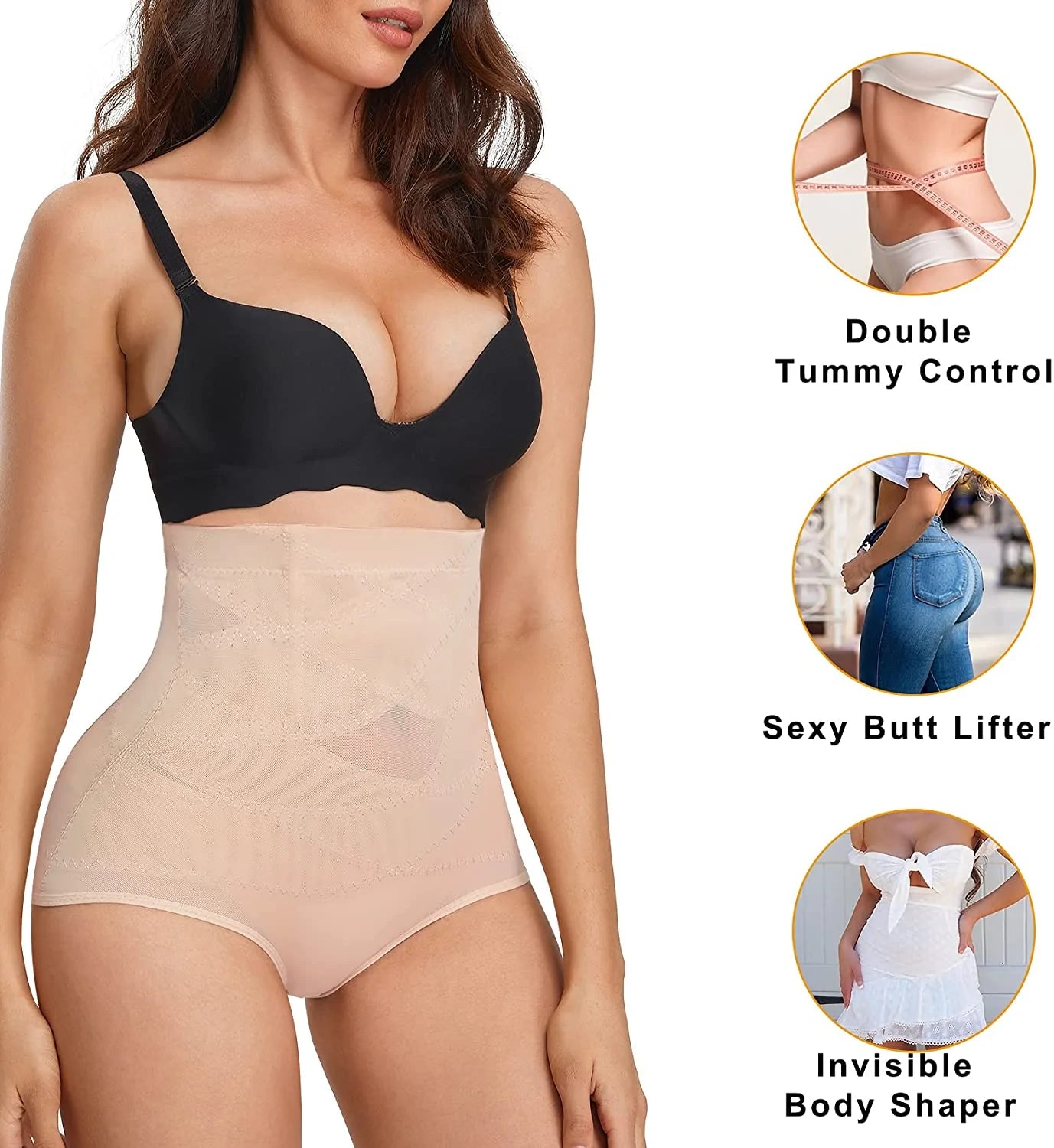 Woman wearing a black bra and beige body shaper with inset images highlighting features.