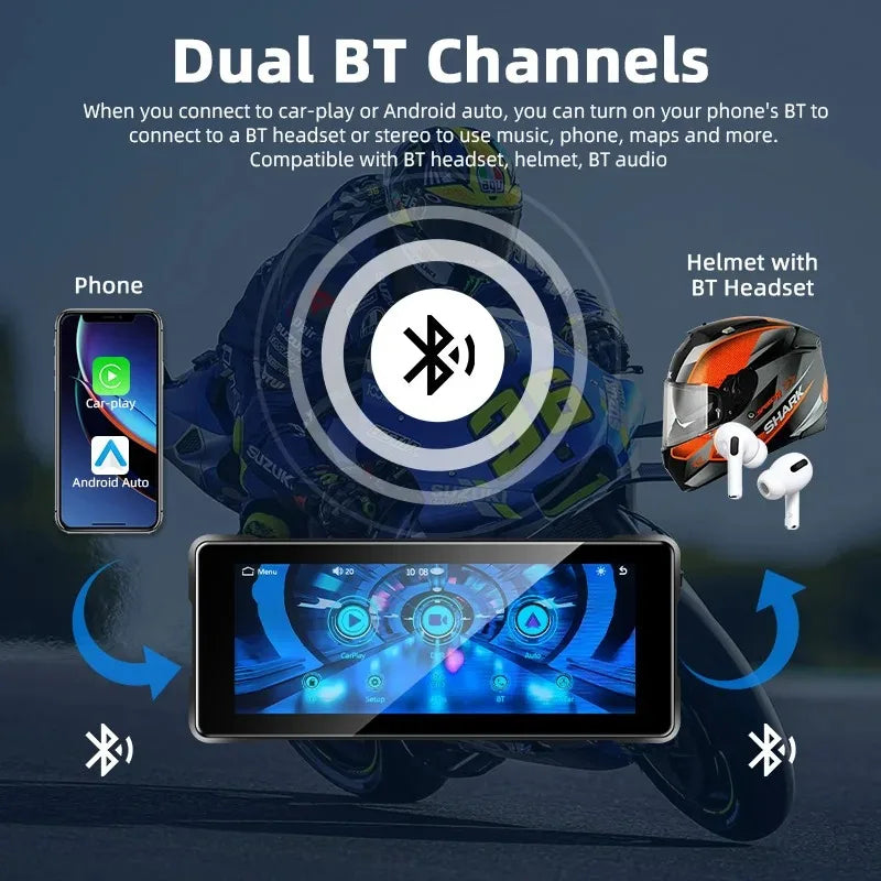 Motorcycle with Bluetooth connectivity features, including phone, helmet, and earbuds, on a dark background.
