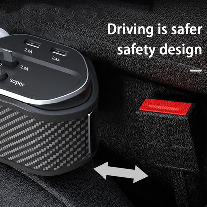 Car charger with multiple ports attached to a car's power outlet, with text indicating safety design.