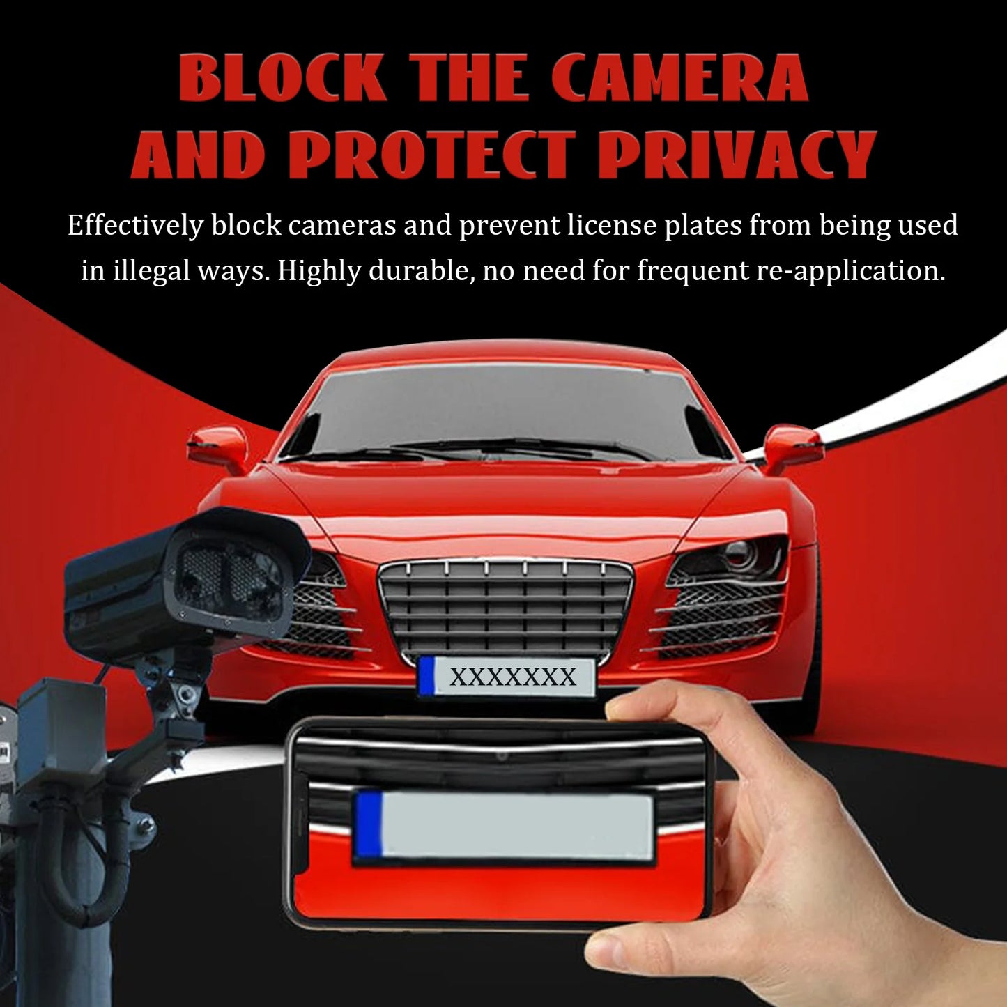 Red car with a camera block and license plate holder on a red and black background.