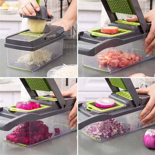 Multifunctional vegetable chopper being used to chop various vegetables.