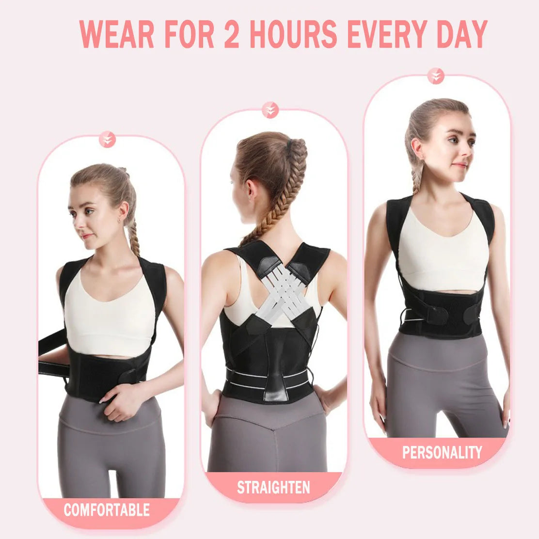 Posture corrector worn by a model with text indicating daily wear and benefits.