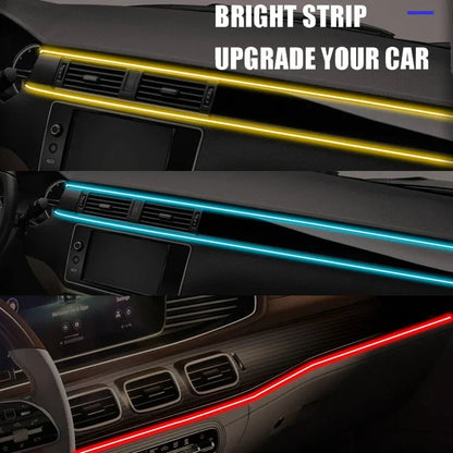 Car interior with LED strip lights in yellow, blue, and red.