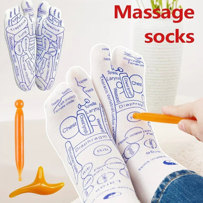 Massage socks with labeled parts and a hand holding a tool on a light background