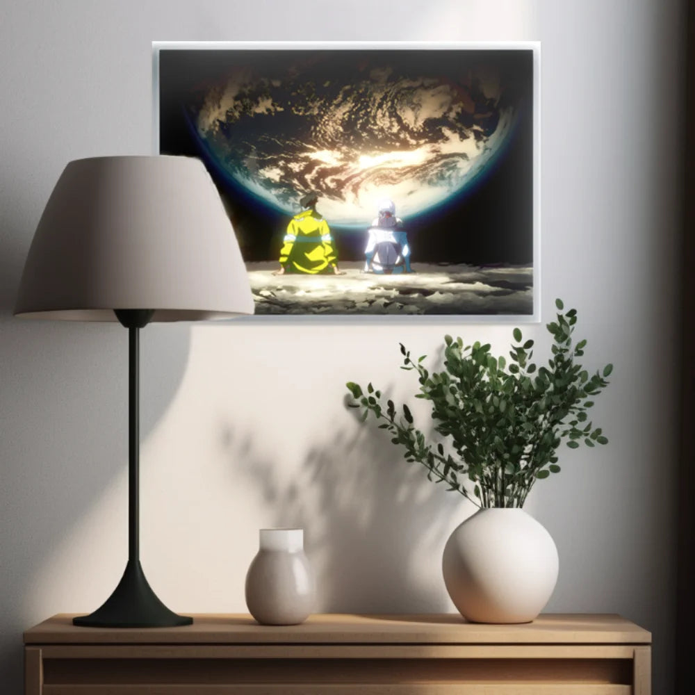 Framed artwork of two figures on the moon with Earth in the background, above a wooden shelf with decorative items.