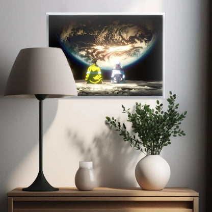 Framed artwork of two figures on the moon with Earth in the background, above a wooden shelf with decorative items.