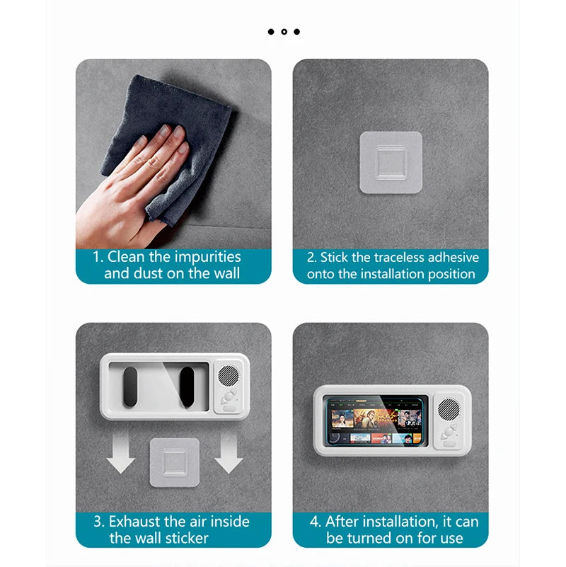 Step-by-step installation guide for a wall-mounted device with adhesive application.