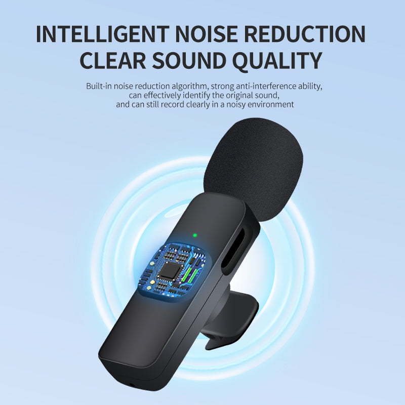 Black microphone with digital display on a light blue background, highlighting intelligent noise reduction technology.