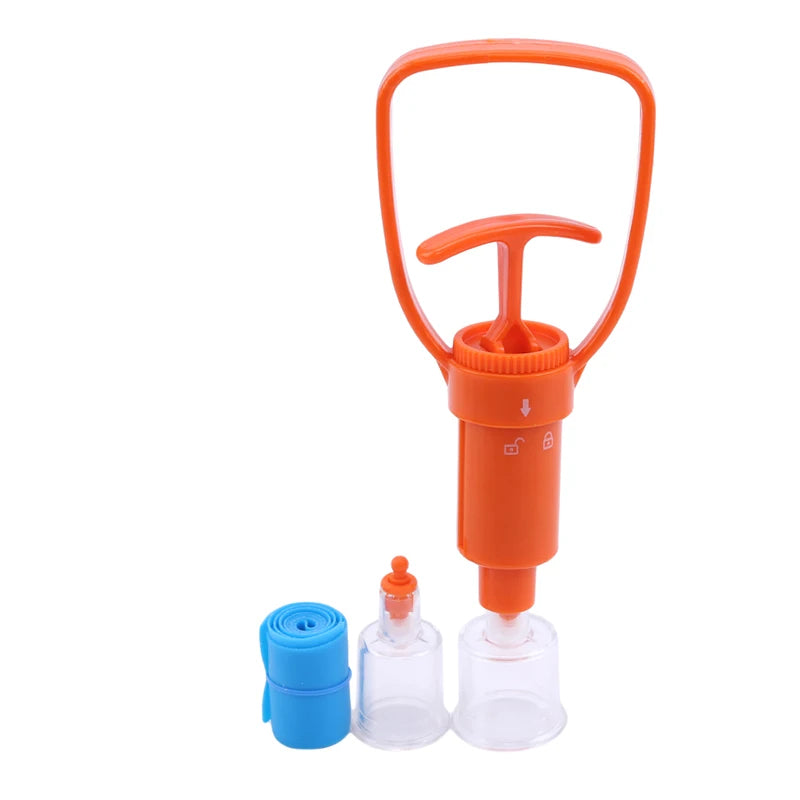 Orange hand pump with blue and clear bottles on a white background