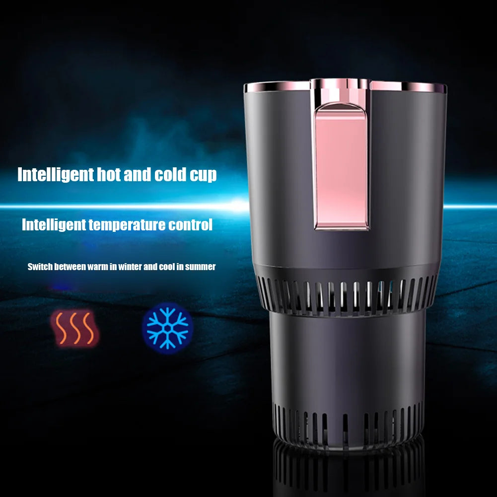 Black mug with temperature control feature on a dark background