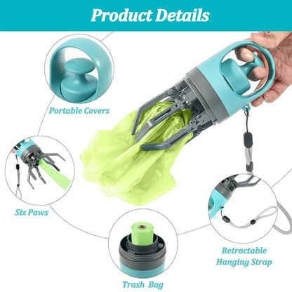 Dog waste picker with features highlighted on a white background