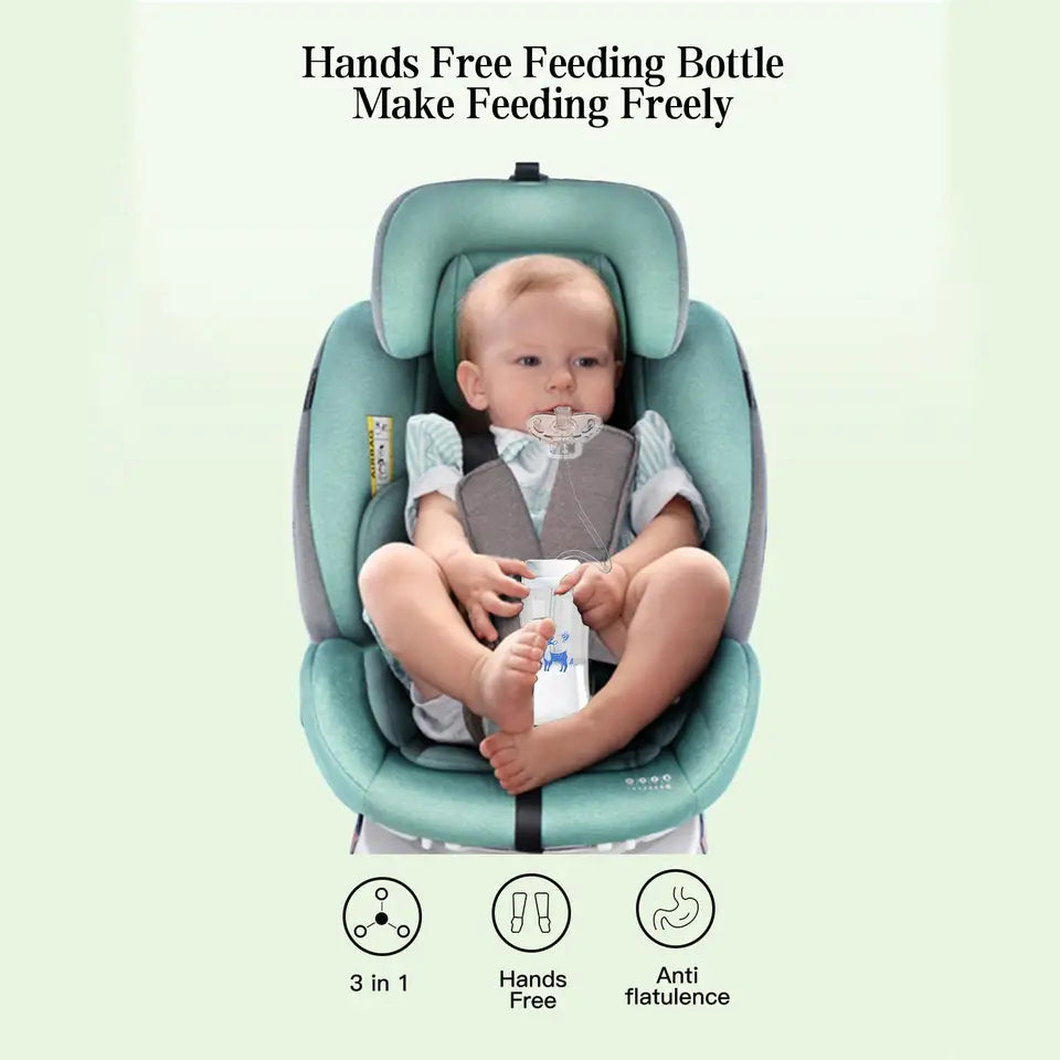 Child in a green and gray car seat holding a bottle with text about hands-free feeding.