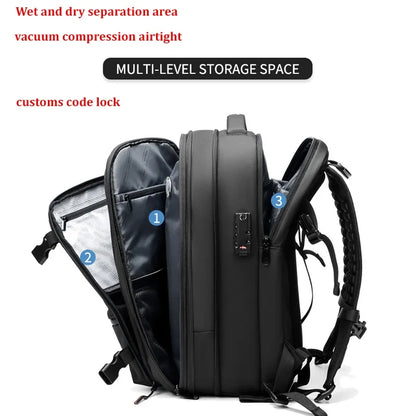 Black backpack with labeled features on a white background
