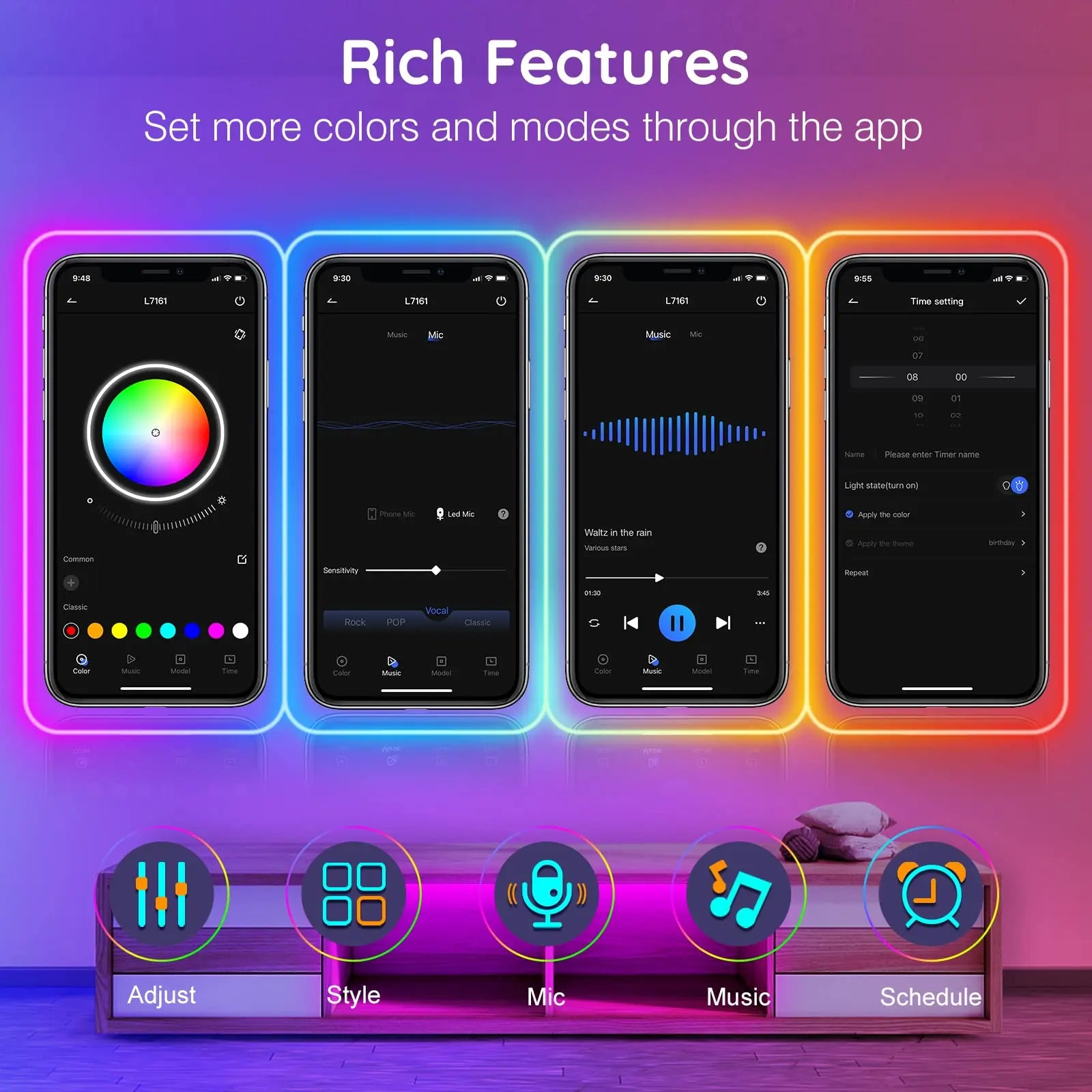 Smartphone app interface with various features on a gradient background