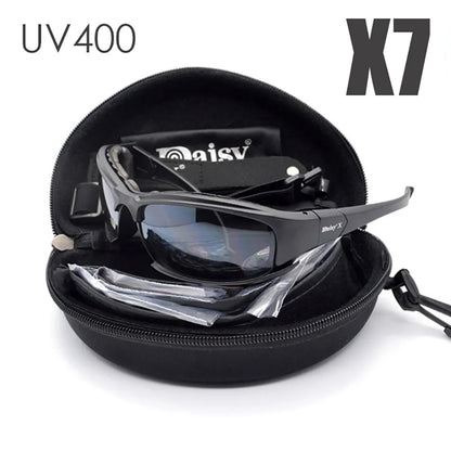 Black sunglasses with UV400 label and 'X7' branding in a black case on a white background.