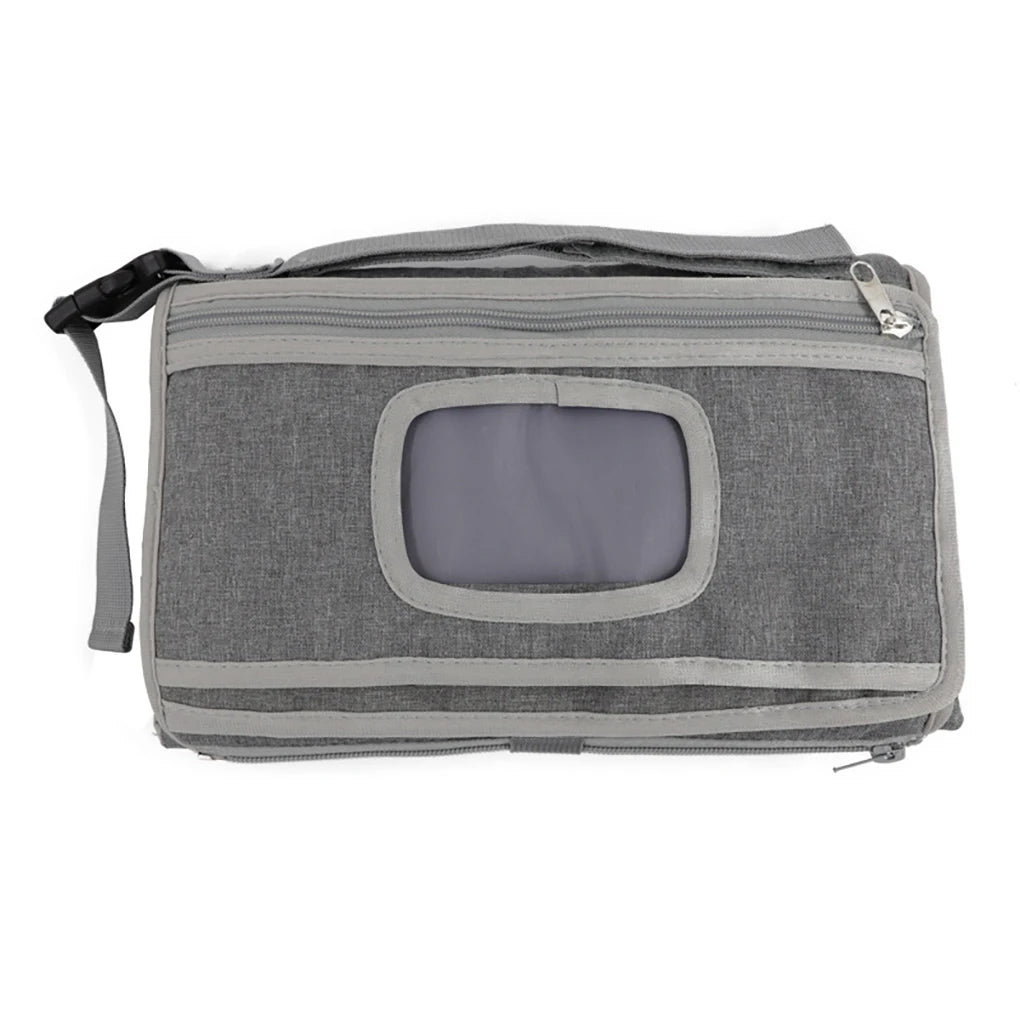Gray pet carrier with a clear window on a white background