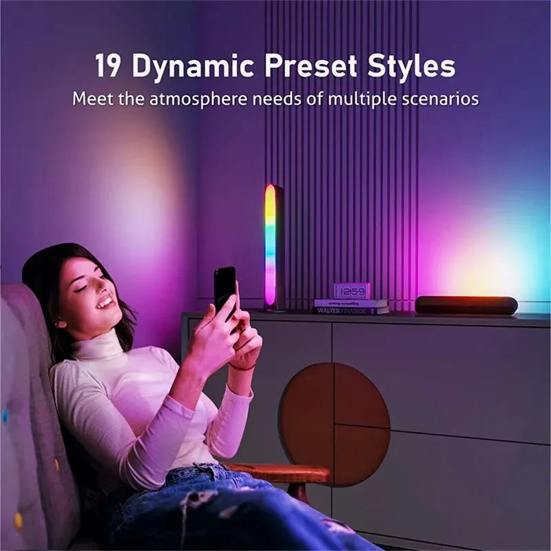 Woman using a smartphone in a room with colorful lighting effects, text '19 Dynamic Preset Styles' displayed.
