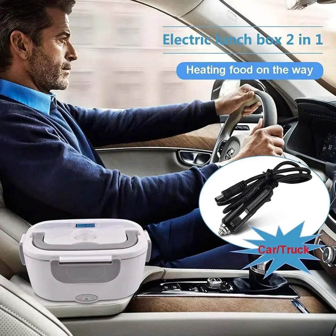 Man driving a car with an electric lunch box and heating cable displayed.