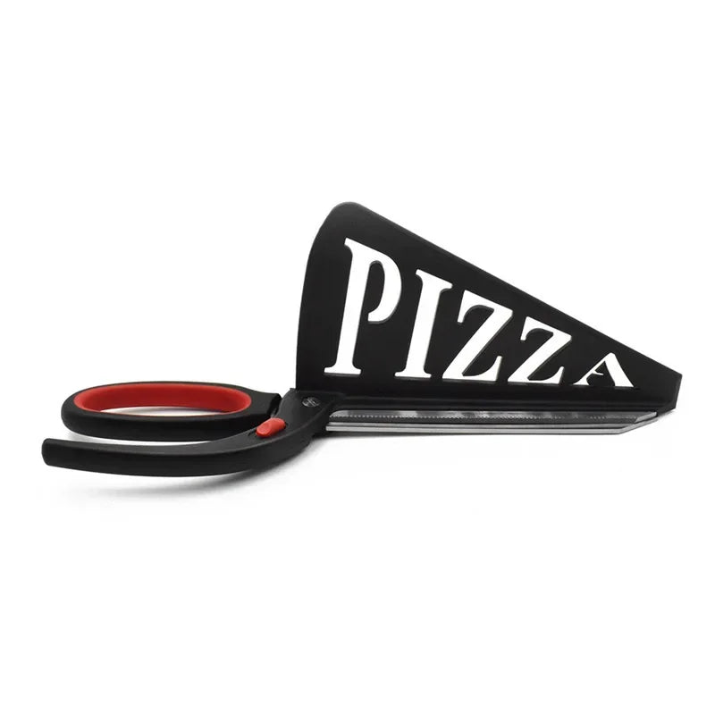 Pizza scissors with a black pizza-shaped cutter on a white background
