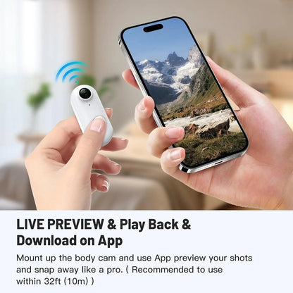 Person holding a smartphone with a mountain view and a small camera device, with text about live preview and app functionality.
