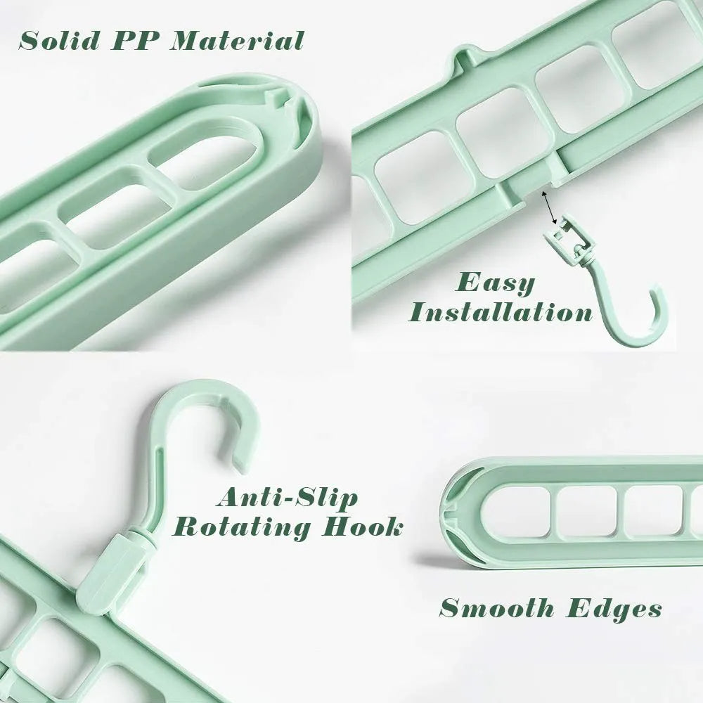 Collage of green hangers with text highlighting features on a white background