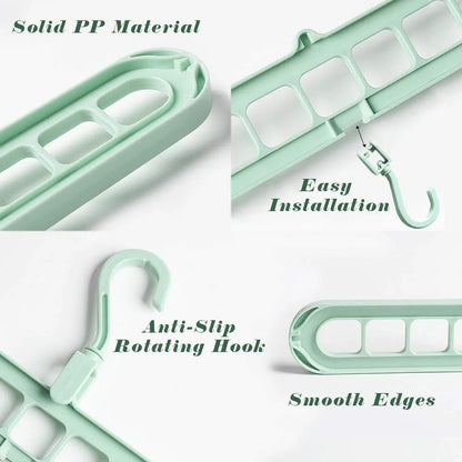 Collage of green hangers with text highlighting features on a white background