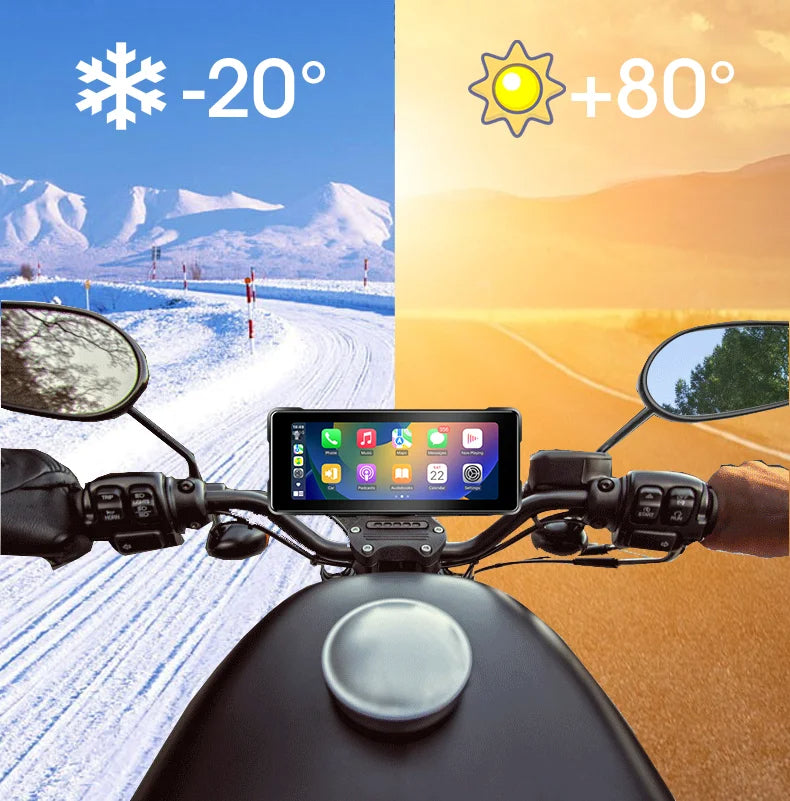 Motorcycle dashboard with a smartphone displaying weather app on a snowy and sunny background.