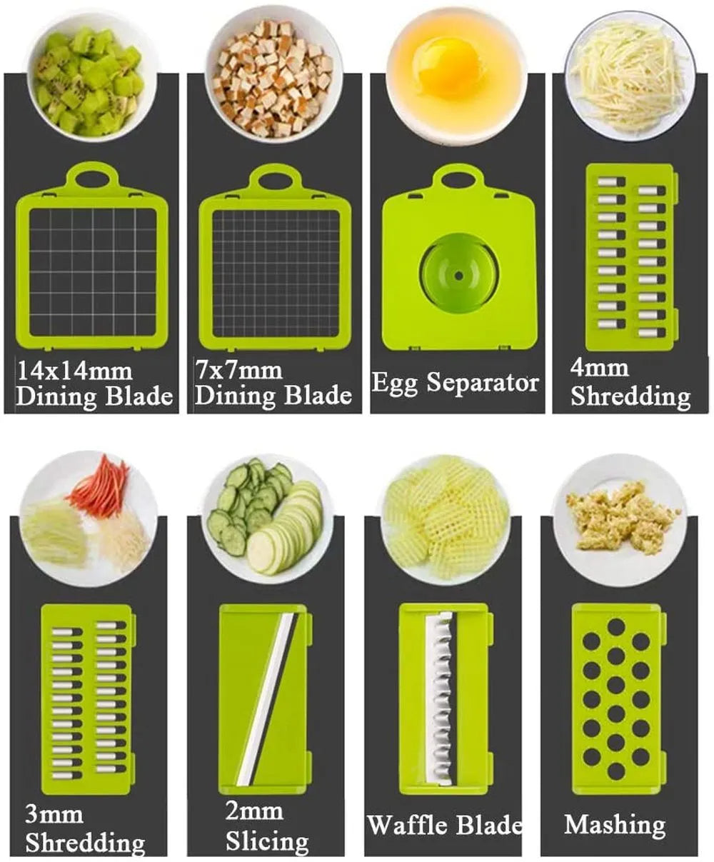 Set of green kitchen slicers with various blades on a black background