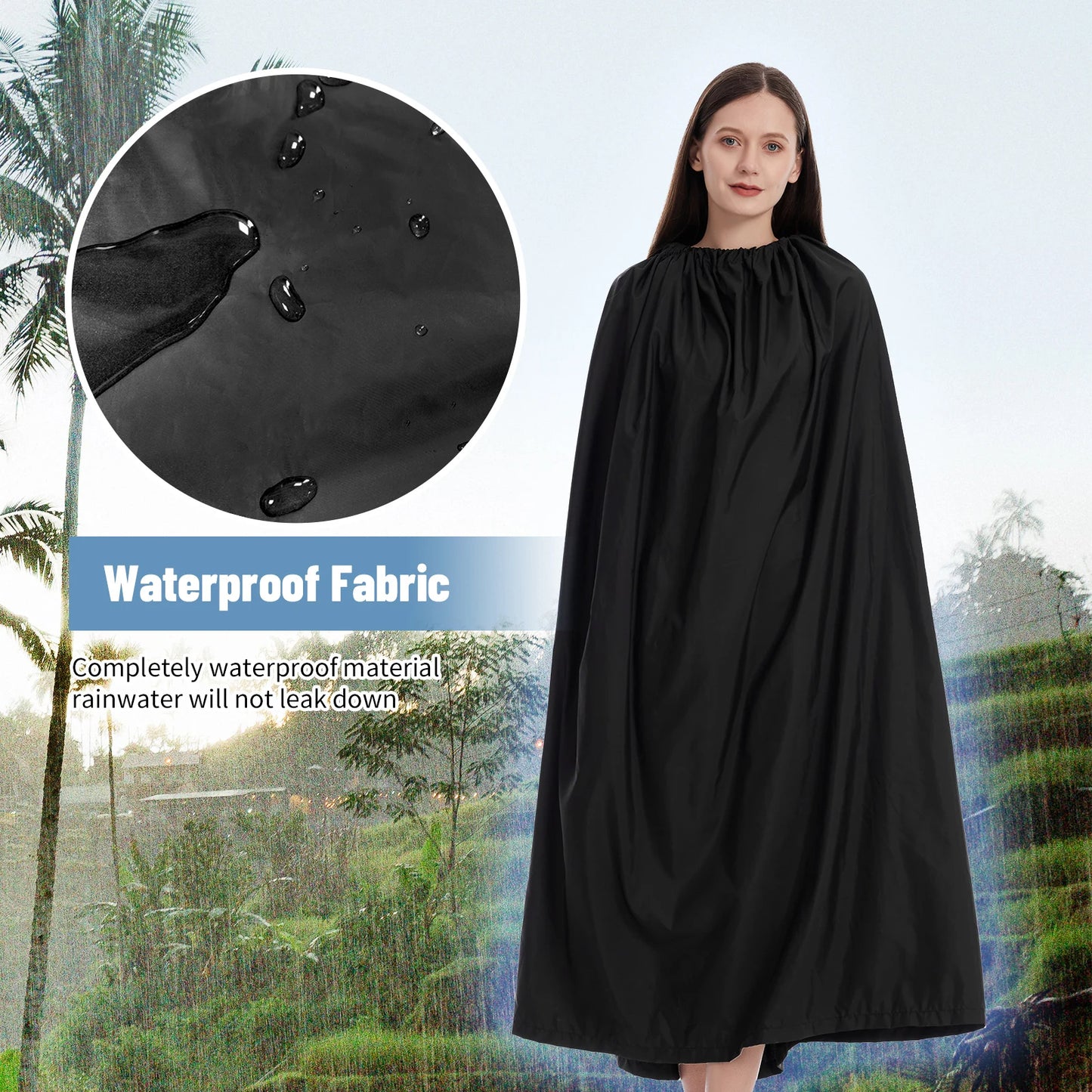 Woman wearing a black waterproof cape with raindrop illustration and text on a blurred outdoor background.