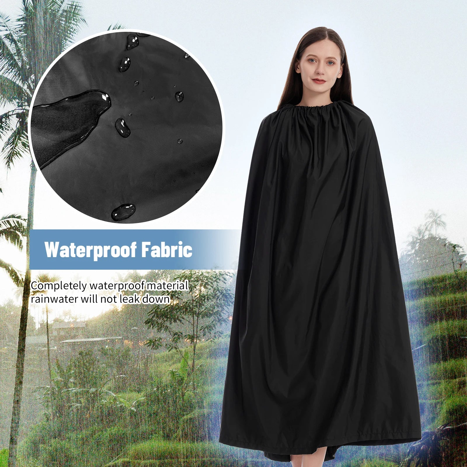 Woman wearing a black waterproof cape with raindrop illustration and text on a blurred outdoor background.