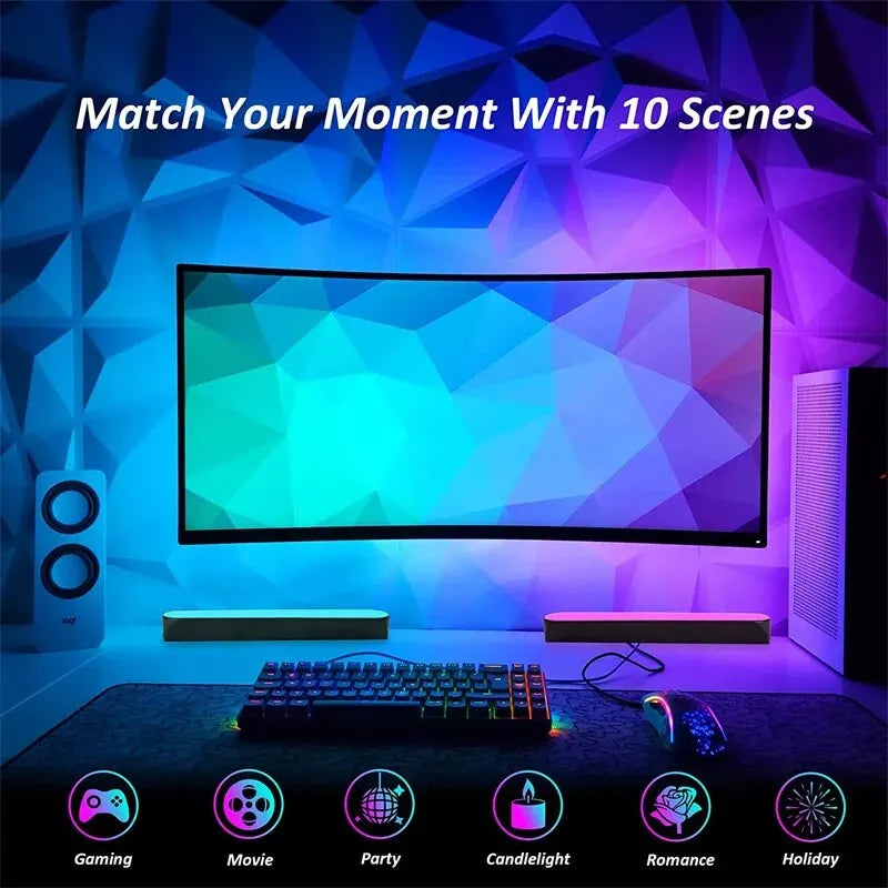 Multicolored LED strip lights with 10 scene modes displayed on a screen.